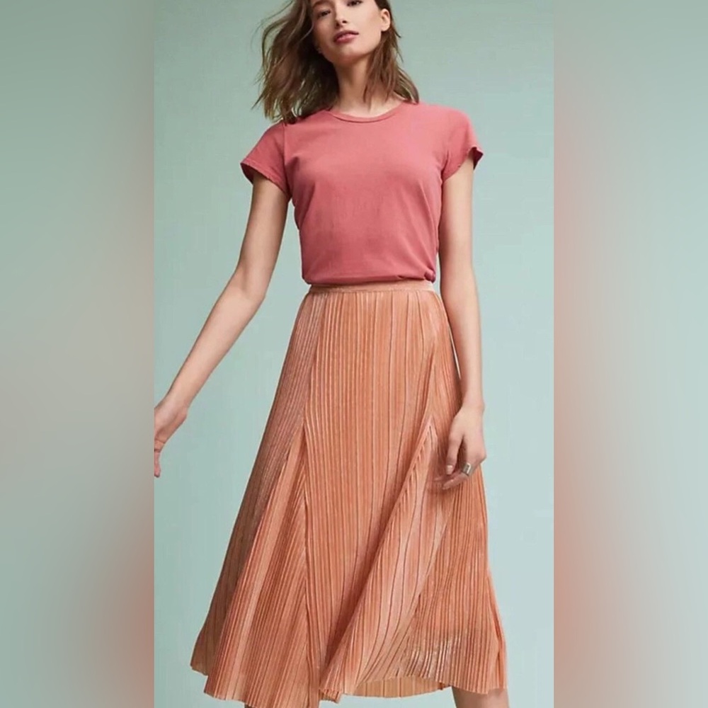 Anthropologie Maeve Ambra Pleated Metallic Pale Pink Skirt